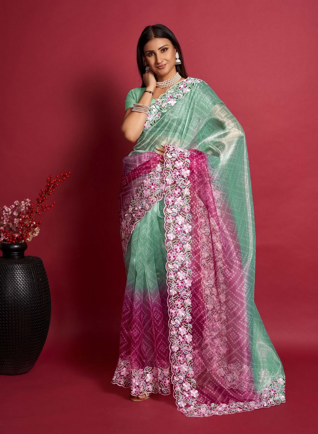 Pure Organza Silk Bandhni Print With Embroidery Work Saree