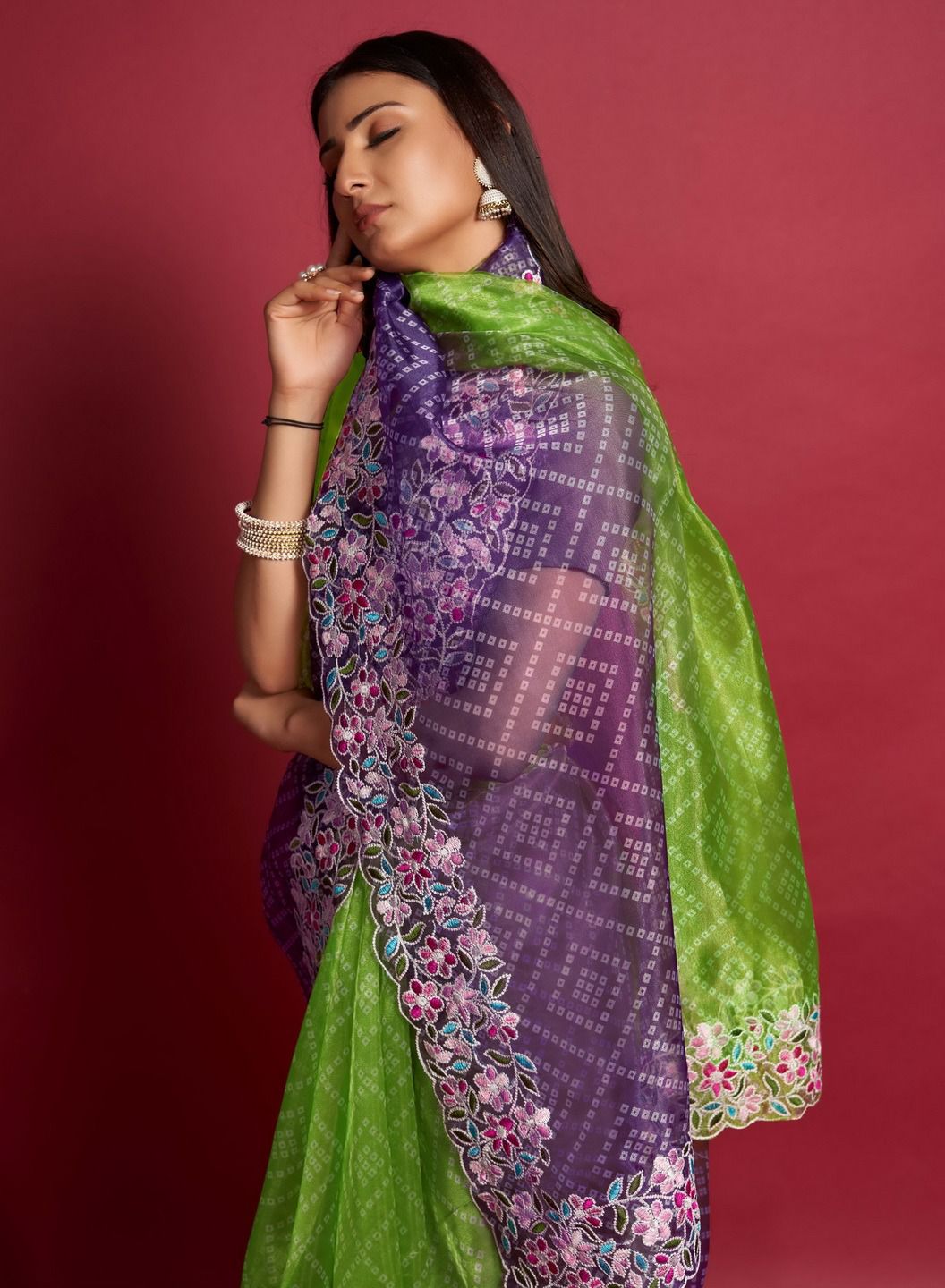 Pure Organza Silk Bandhni Print With Embroidery Work Saree