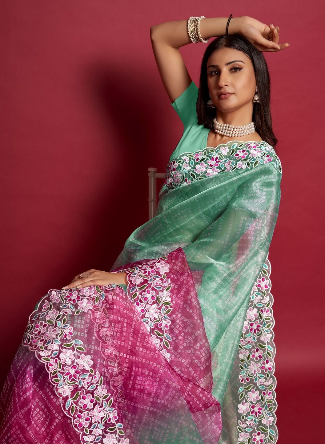 Pure Organza Silk Bandhni Print With Embroidery Work Saree