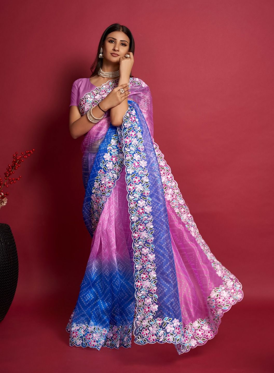 Pure Organza Silk Bandhni Print With Embroidery Work Saree