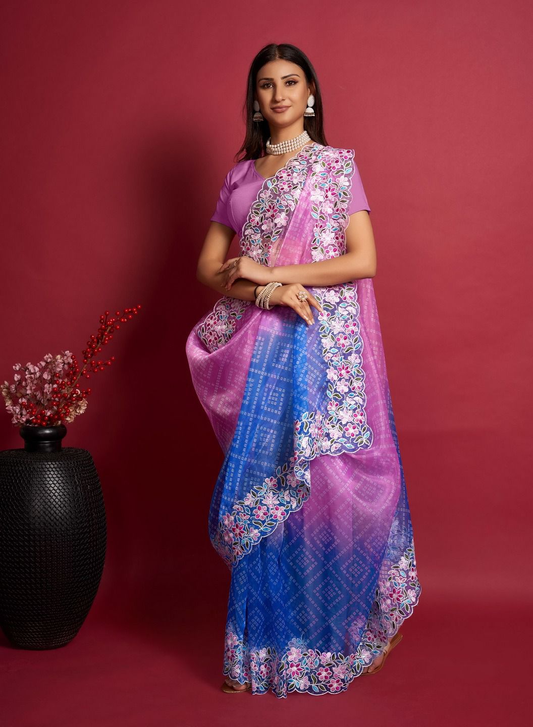 Pure Organza Silk Bandhni Print With Embroidery Work Saree