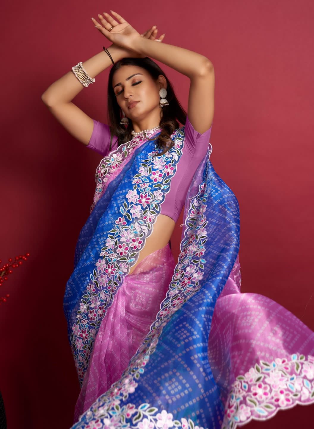 Pure Organza Silk Bandhni Print With Embroidery Work Saree
