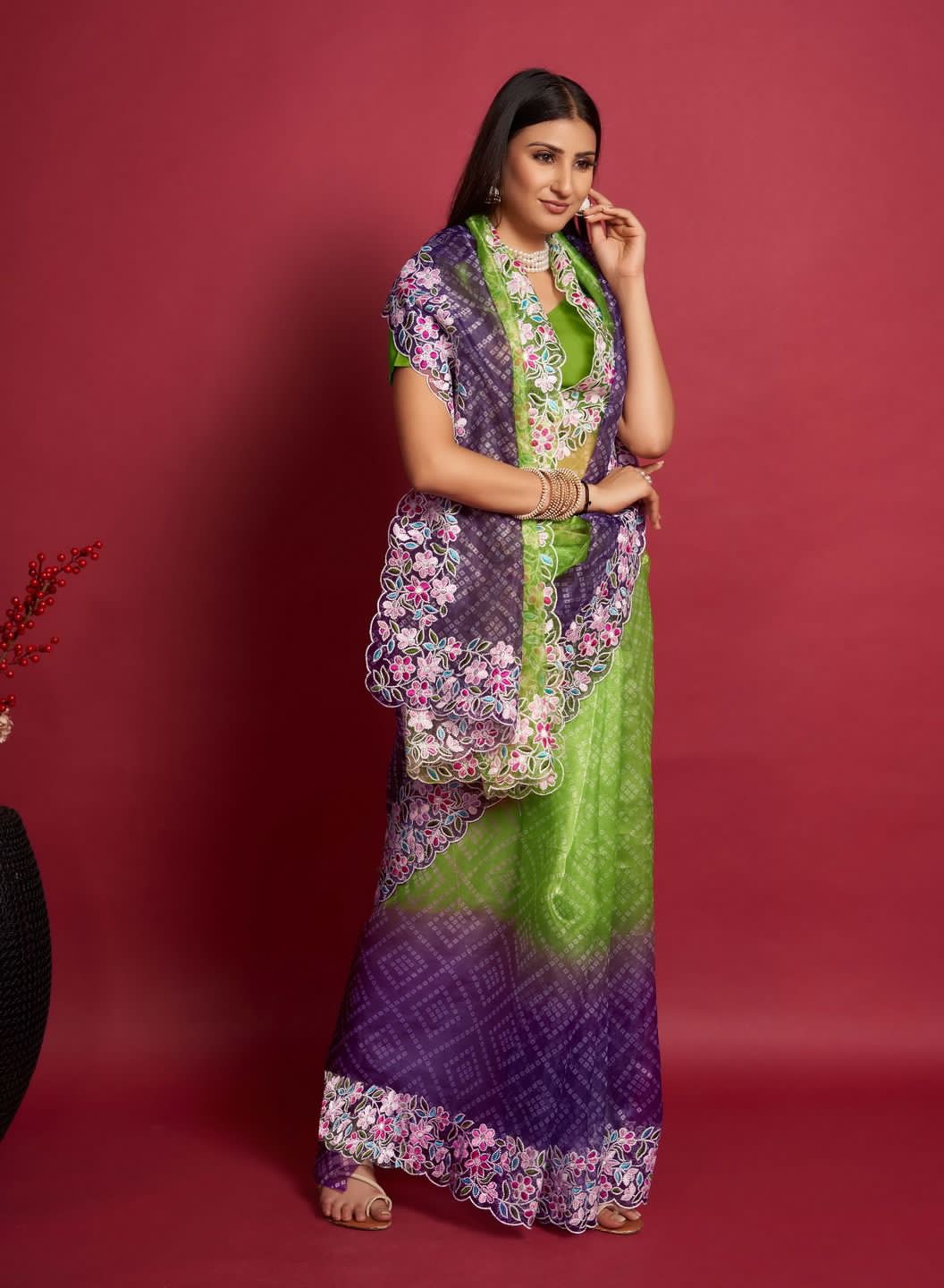 Pure Organza Silk Bandhni Print With Embroidery Work Saree