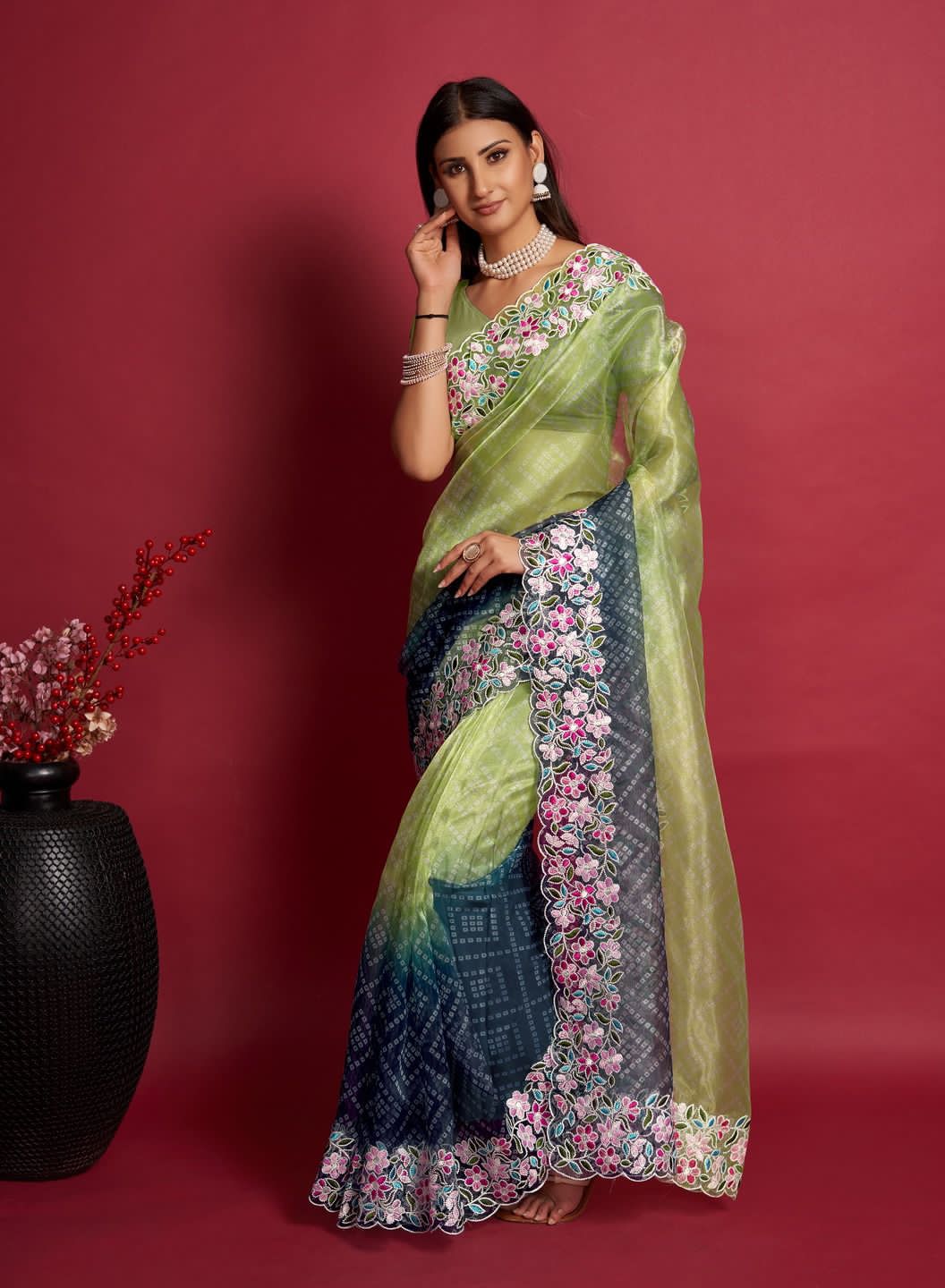 Pure Organza Silk Bandhni Print With Embroidery Work Saree
