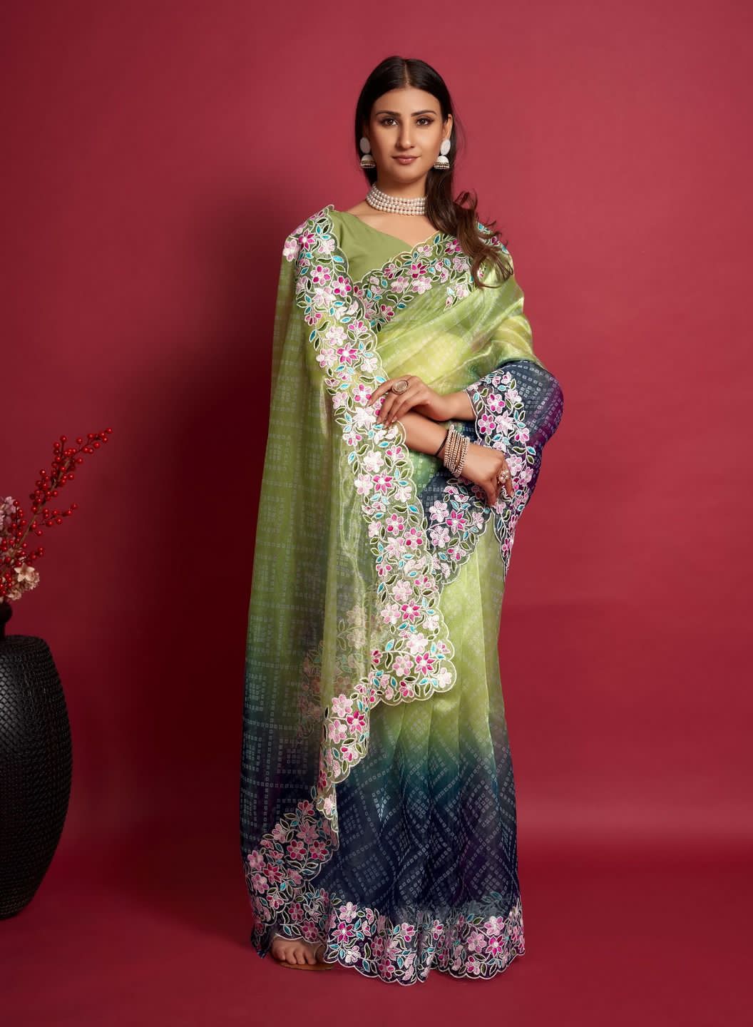 Pure Organza Silk Bandhni Print With Embroidery Work Saree