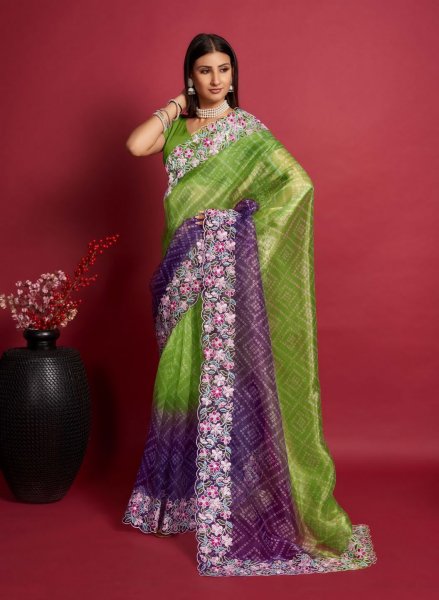 Image of Pure Organza Silk Bandhni Print With Embroidery Work Saree