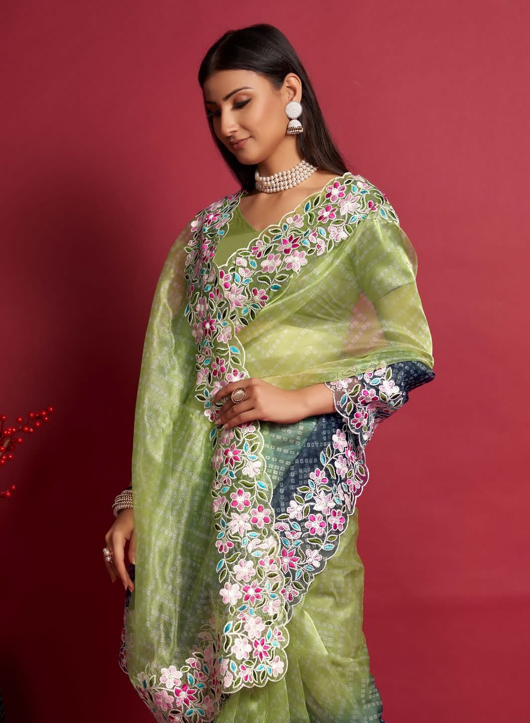 Pure Organza Silk Bandhni Print With Embroidery Work Saree