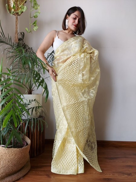 Image of Yellow Pure Organza Silk Lucknawi Embroidery Work Saree