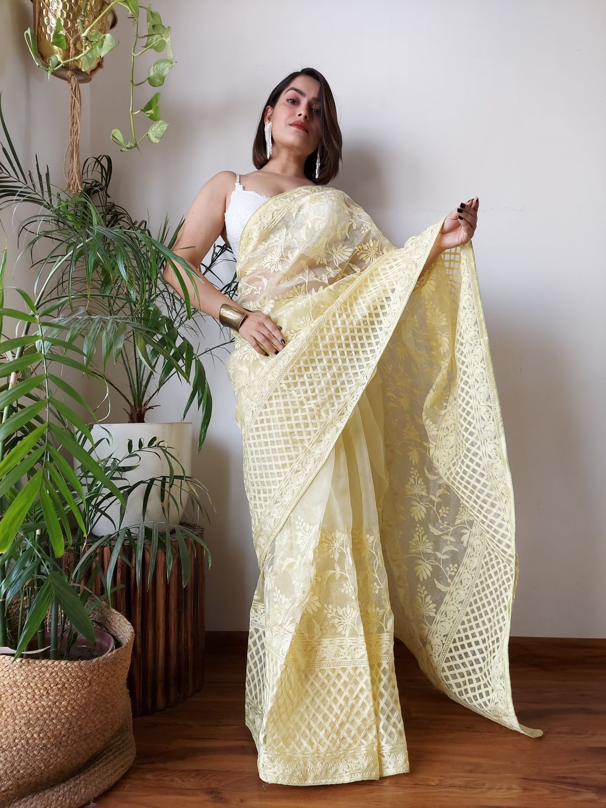 Yellow Pure Organza Silk Lucknawi Embroidery Work Saree