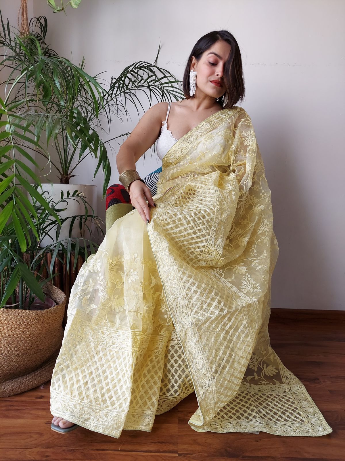 Yellow Pure Organza Silk Lucknawi Embroidery Work Saree