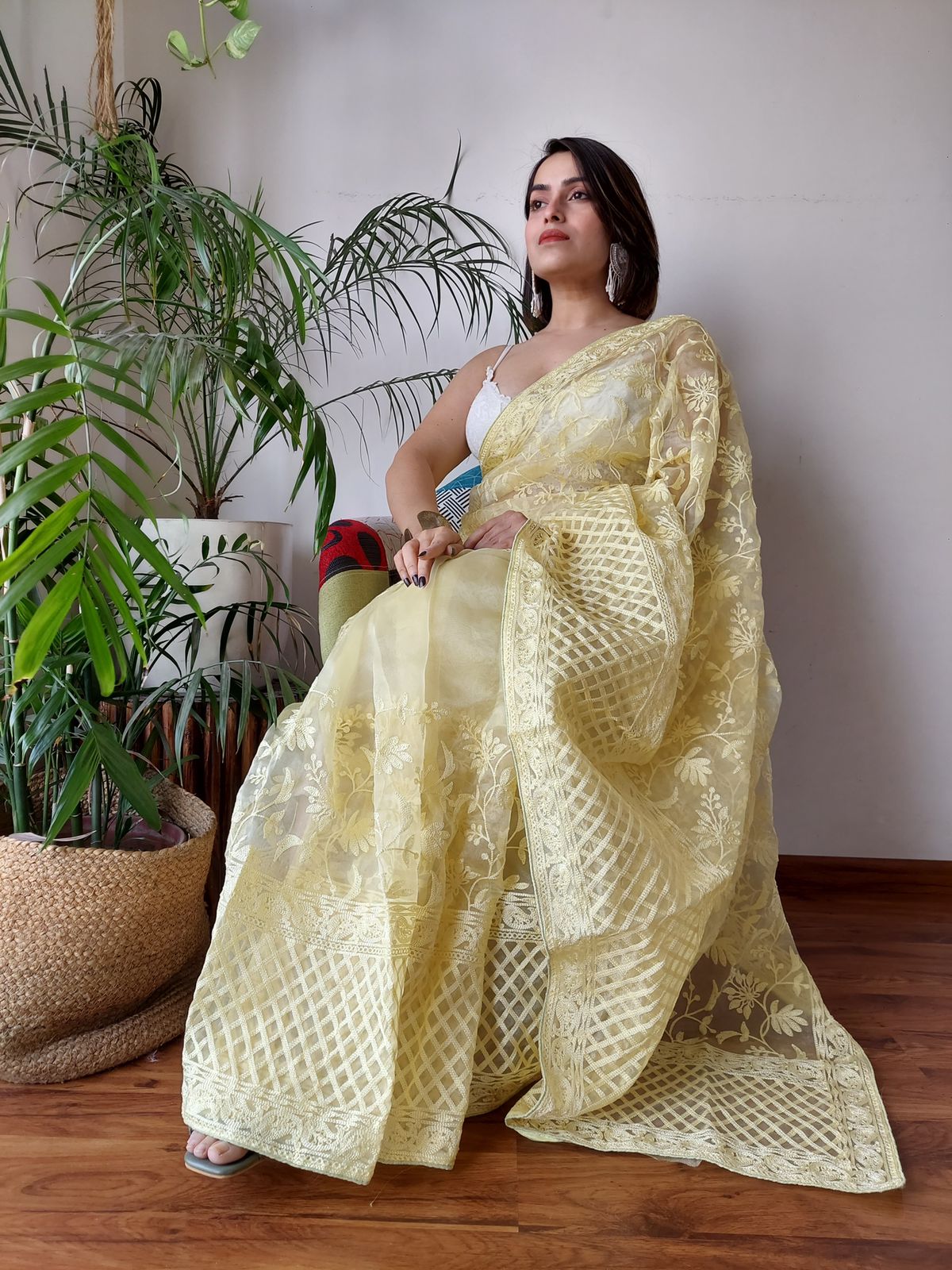 Yellow Pure Organza Silk Lucknawi Embroidery Work Saree