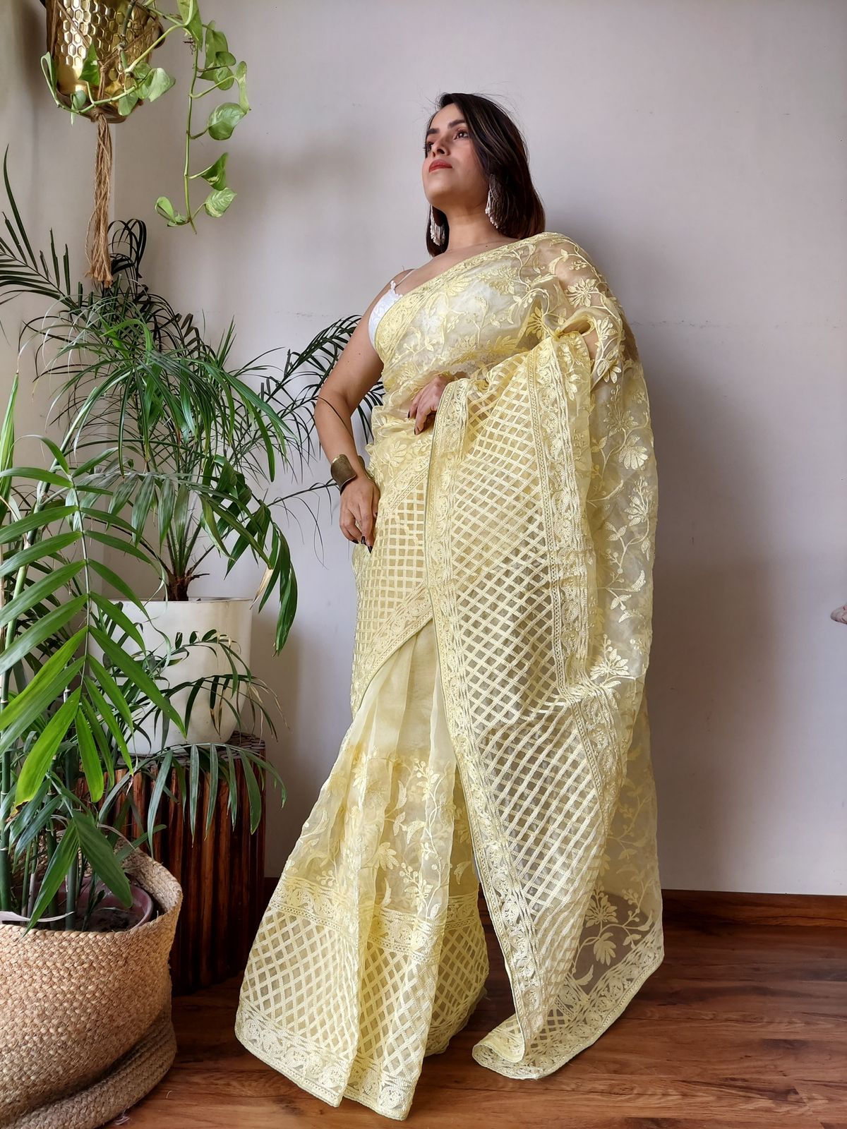 Yellow Pure Organza Silk Lucknawi Embroidery Work Saree