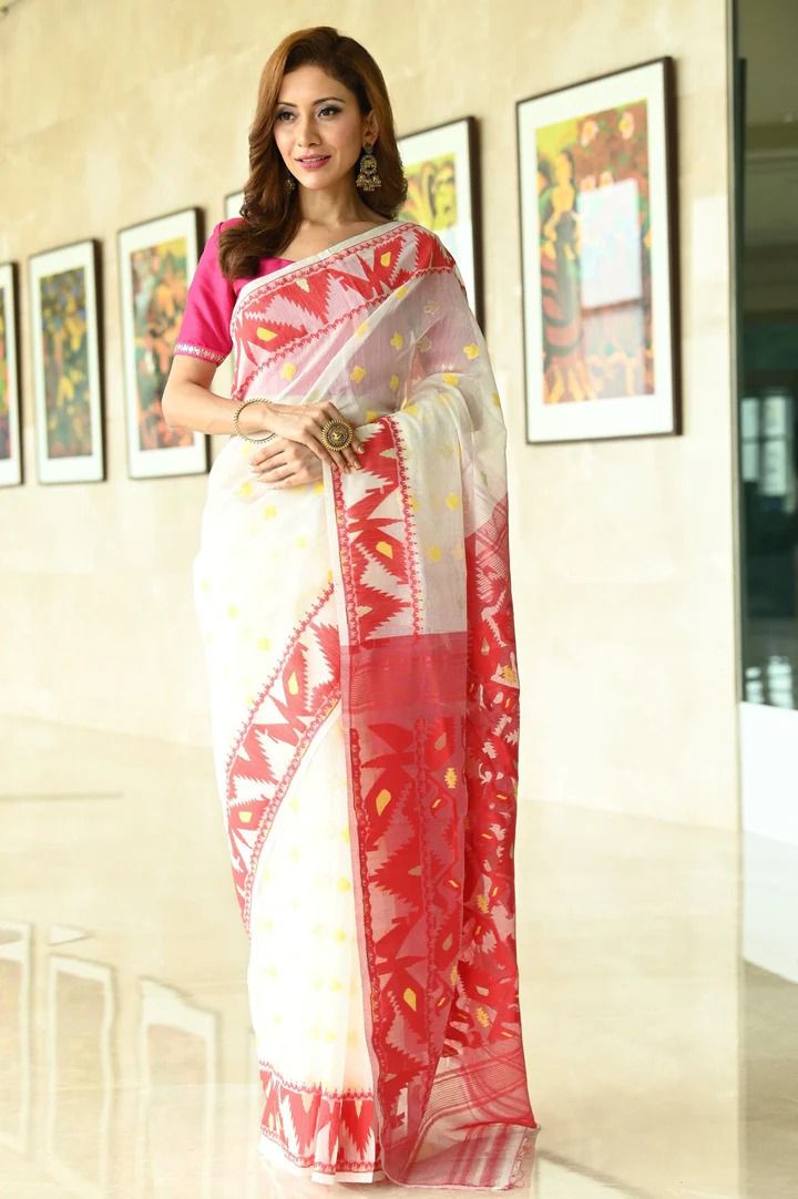 Pure White Linen Slub All Over Resham Weaved Saree