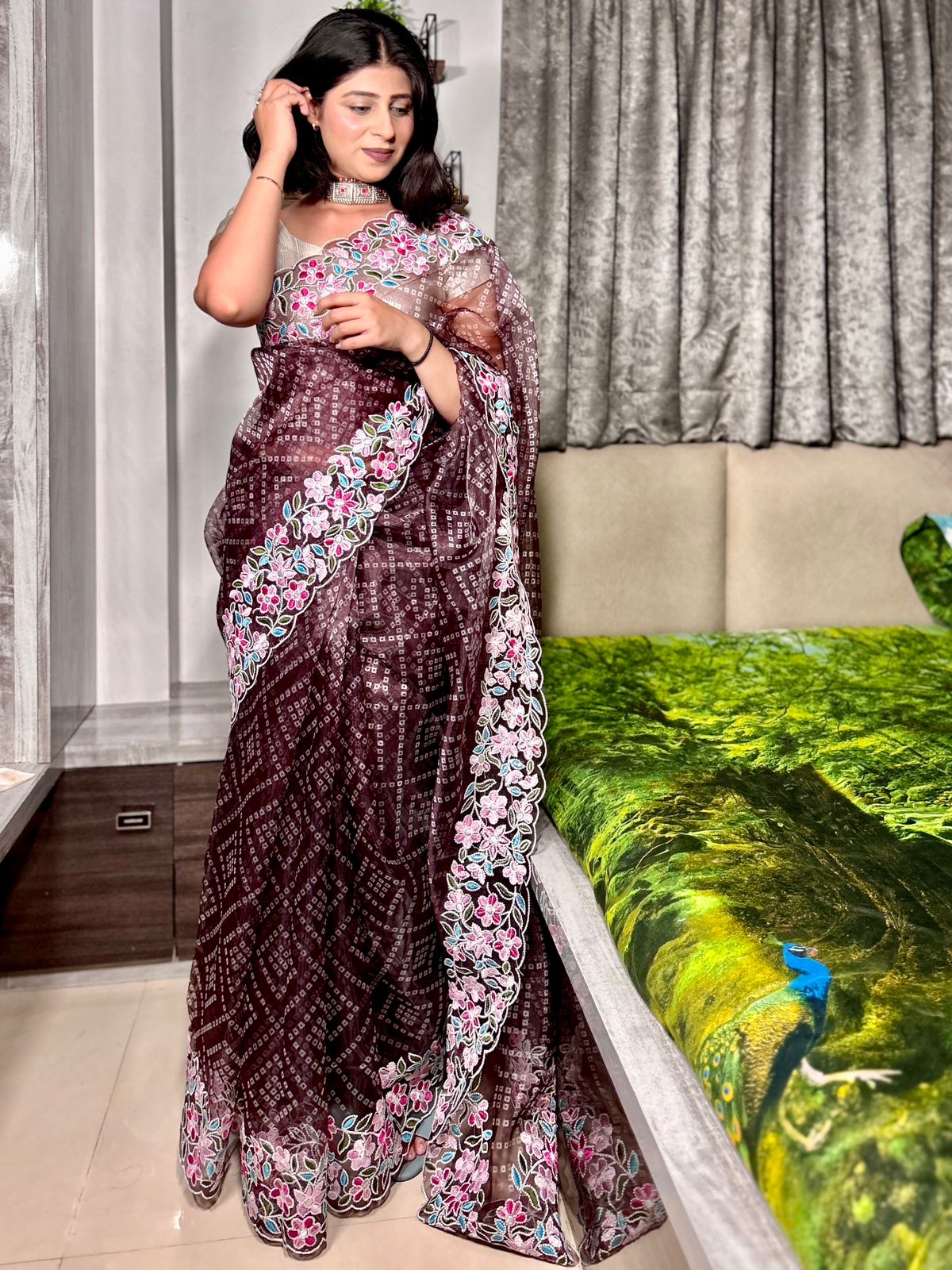 Pure Organza Silk Bandhni Print Multi Thread Embroidery Work Saree