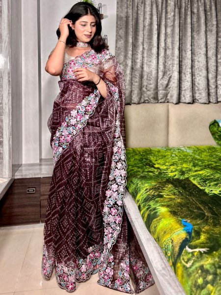 Image of Pure Organza Silk Bandhni Print Multi Thread Embroidery Work Saree