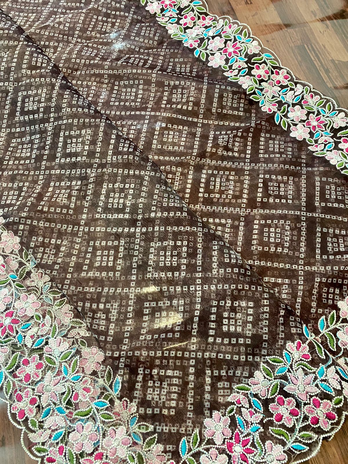 Pure Organza Silk Bandhni Print Multi Thread Embroidery Work Saree