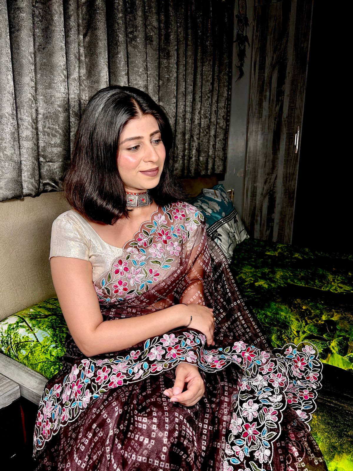 Pure Organza Silk Bandhni Print Multi Thread Embroidery Work Saree