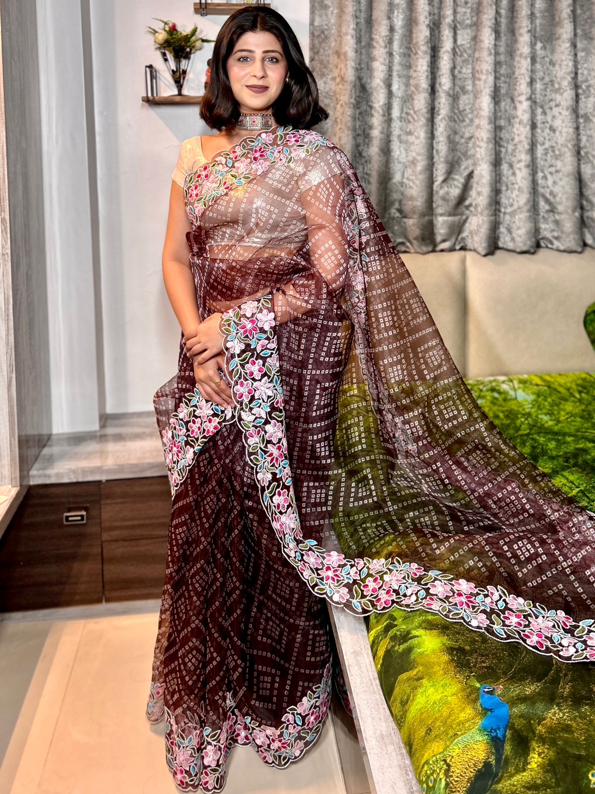 Pure Organza Silk Bandhni Print Multi Thread Embroidery Work Saree