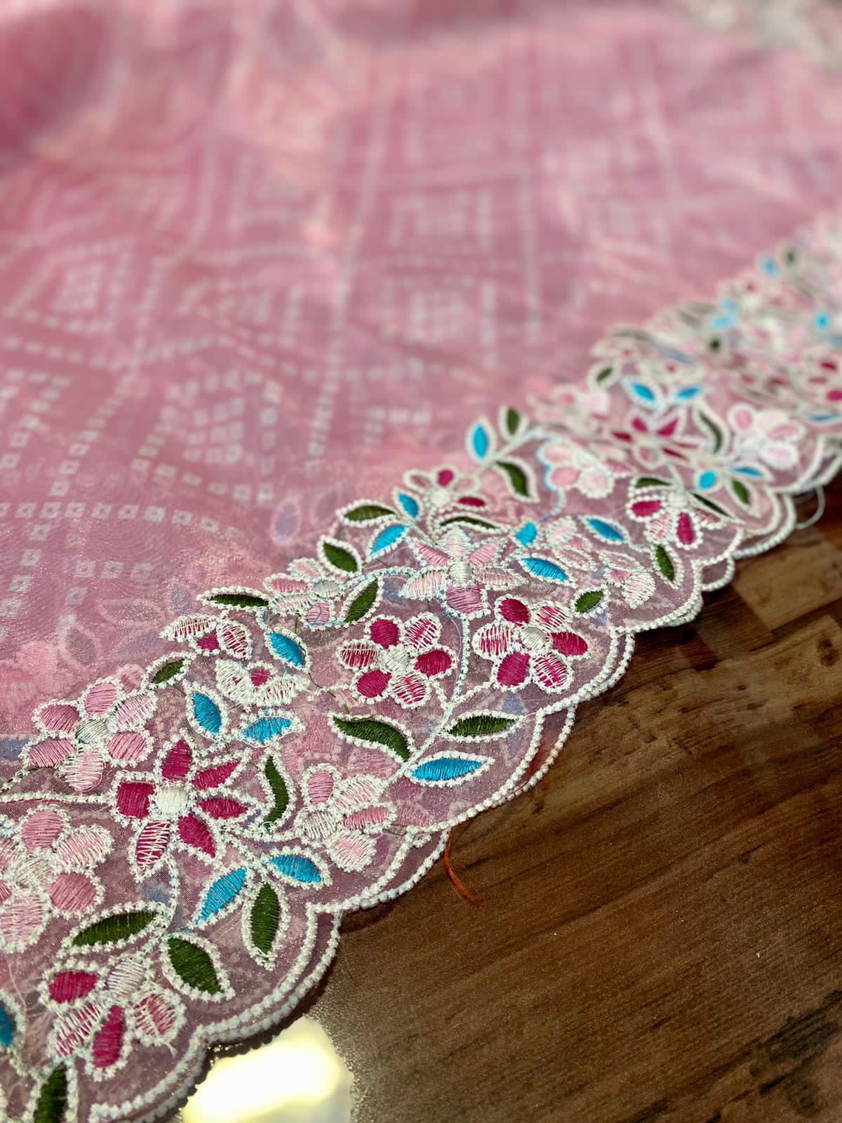 Pure Organza Silk Bandhni Print Multi Thread Embroidery Work Saree