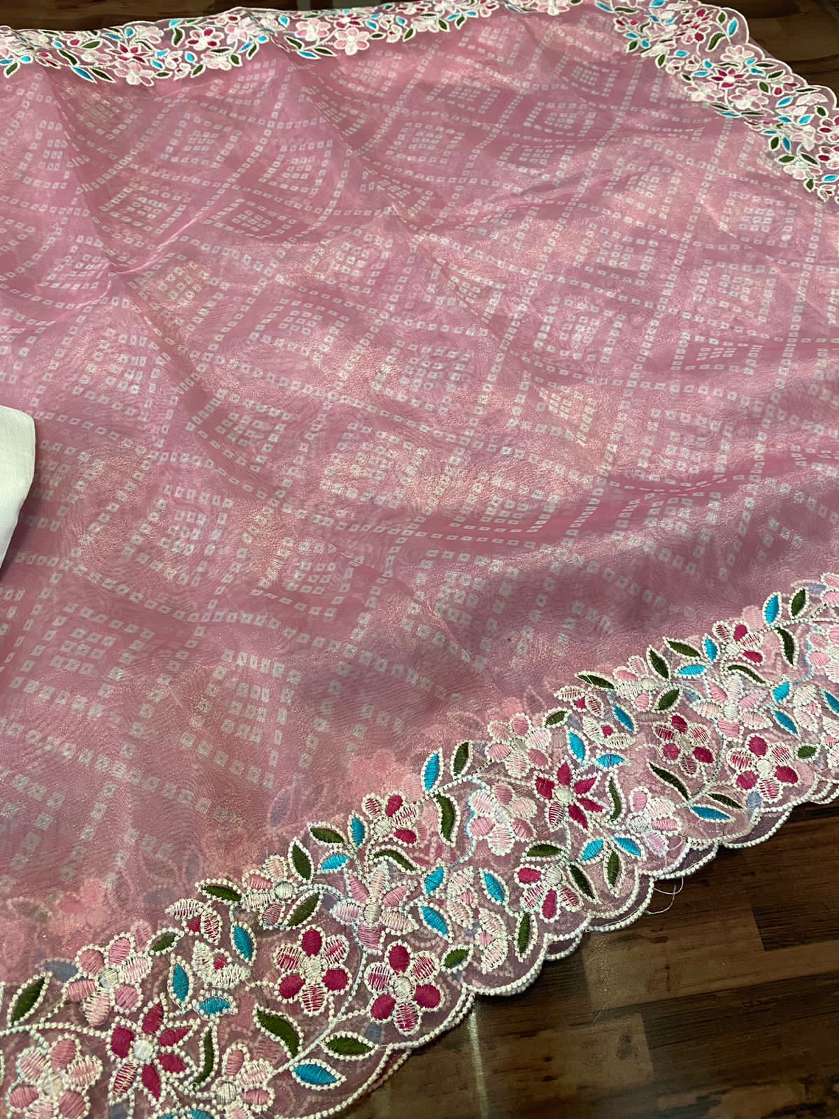 Pure Organza Silk Bandhni Print Multi Thread Embroidery Work Saree