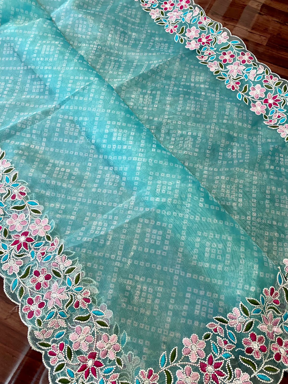 Pure Organza Silk Bandhni Print Multi Thread Embroidery Work Saree