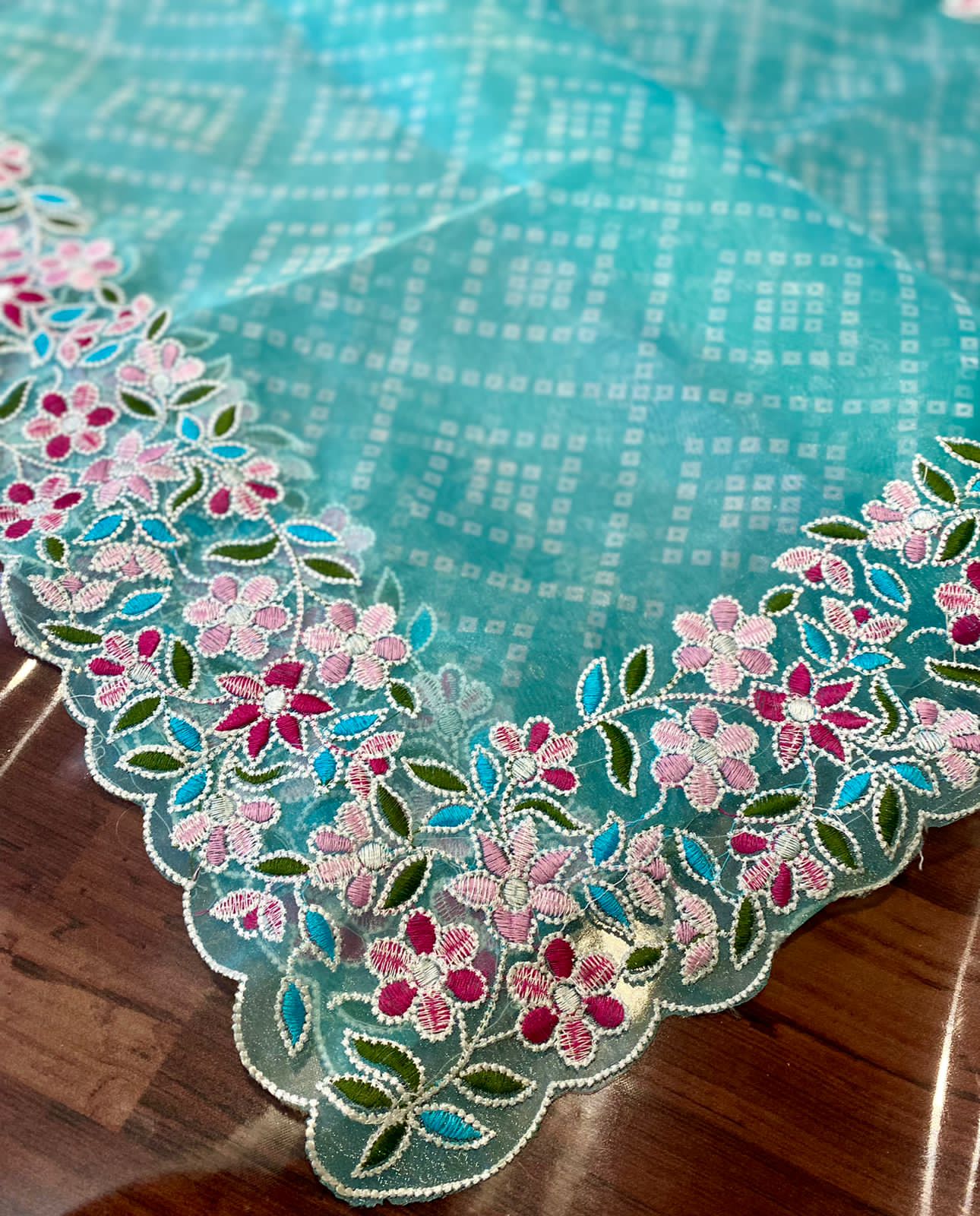 Pure Organza Silk Bandhni Print Multi Thread Embroidery Work Saree