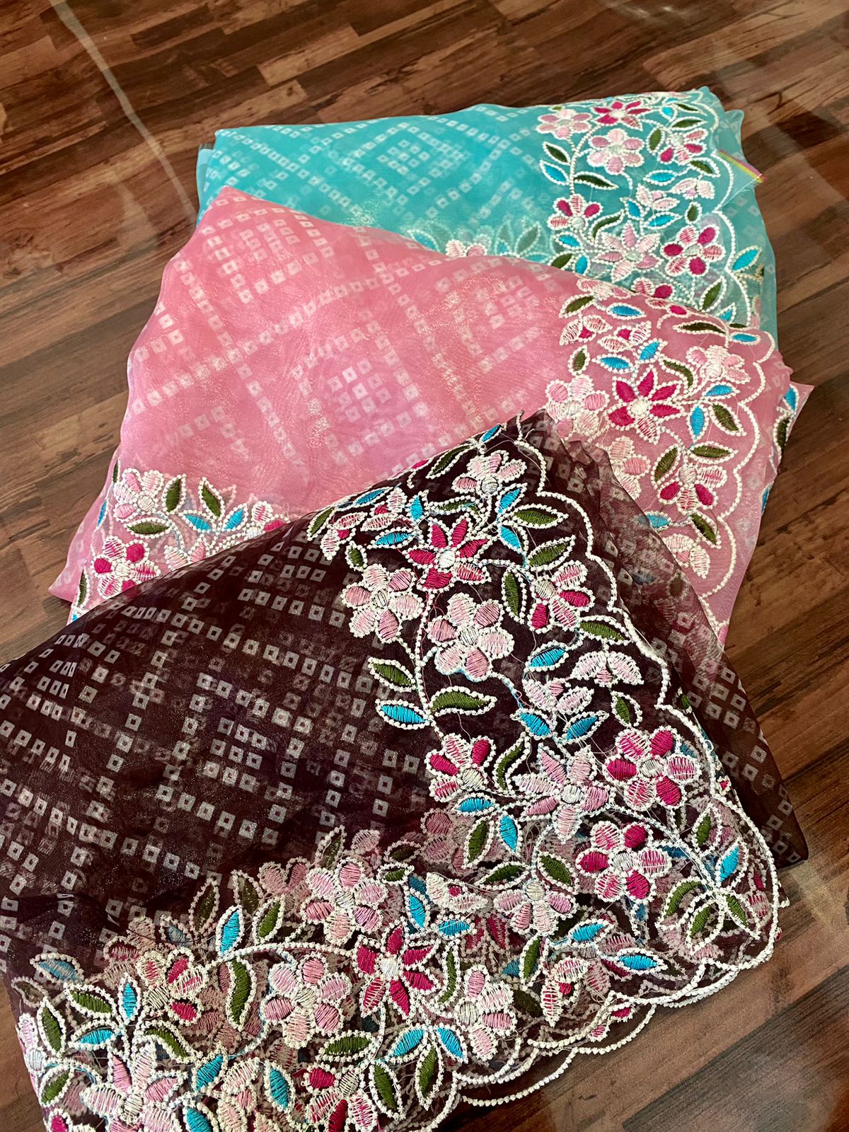 Pure Organza Silk Bandhni Print Multi Thread Embroidery Work Saree