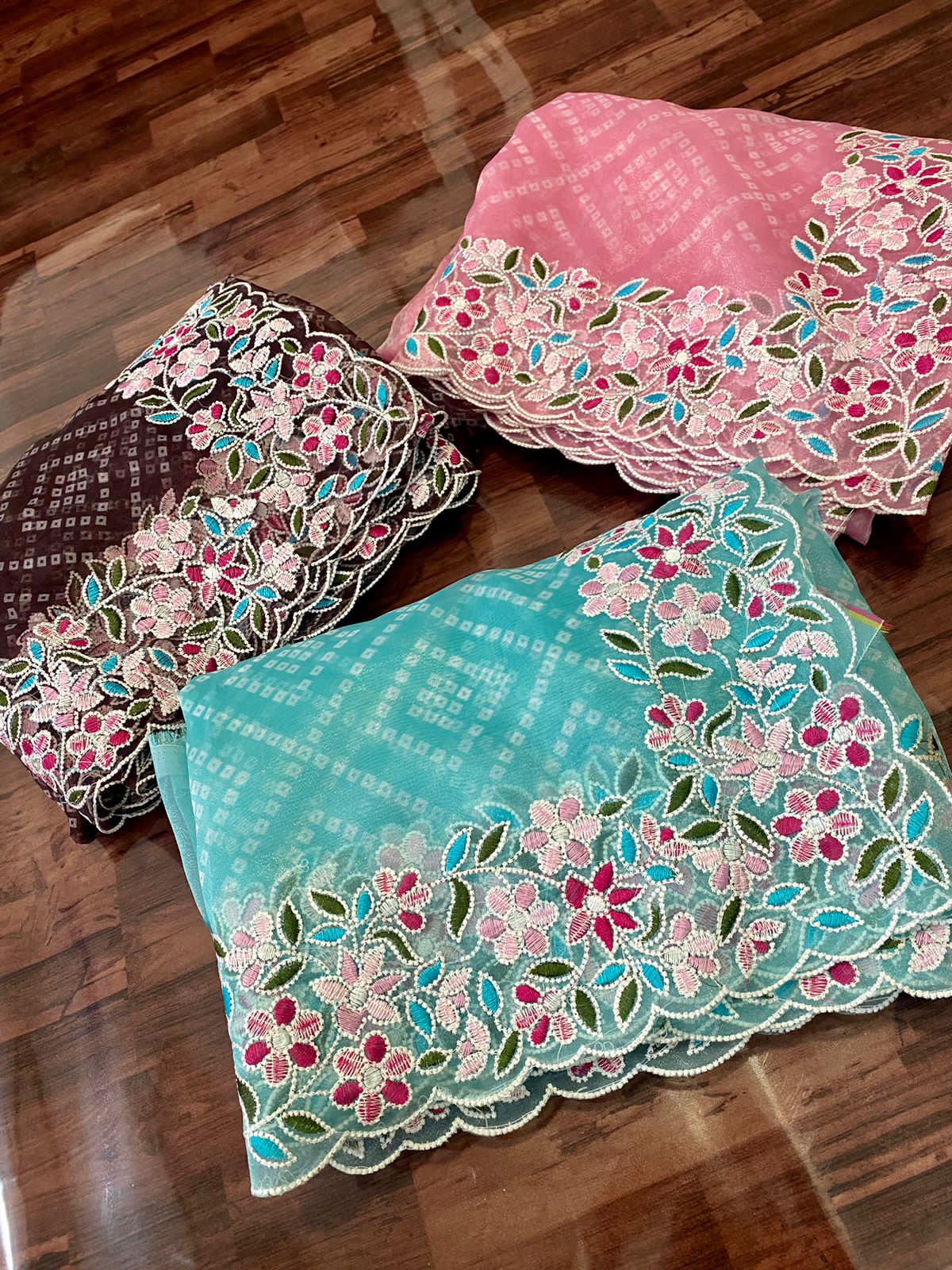 Pure Organza Silk Bandhni Print Multi Thread Embroidery Work Saree