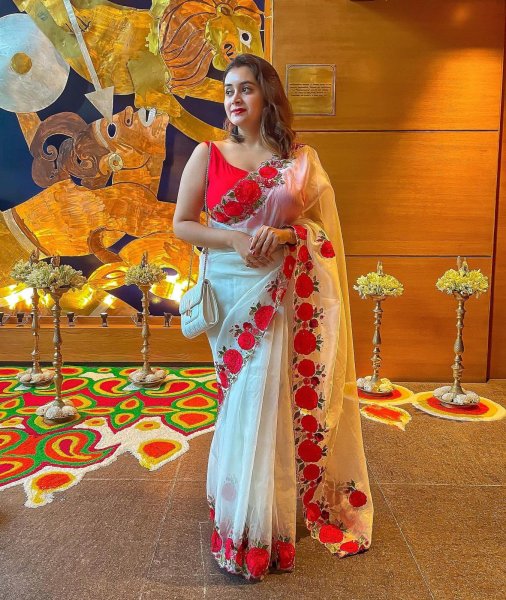 Image of Pure Organza Silk Red Flower Embroidery Sequence Work Saree