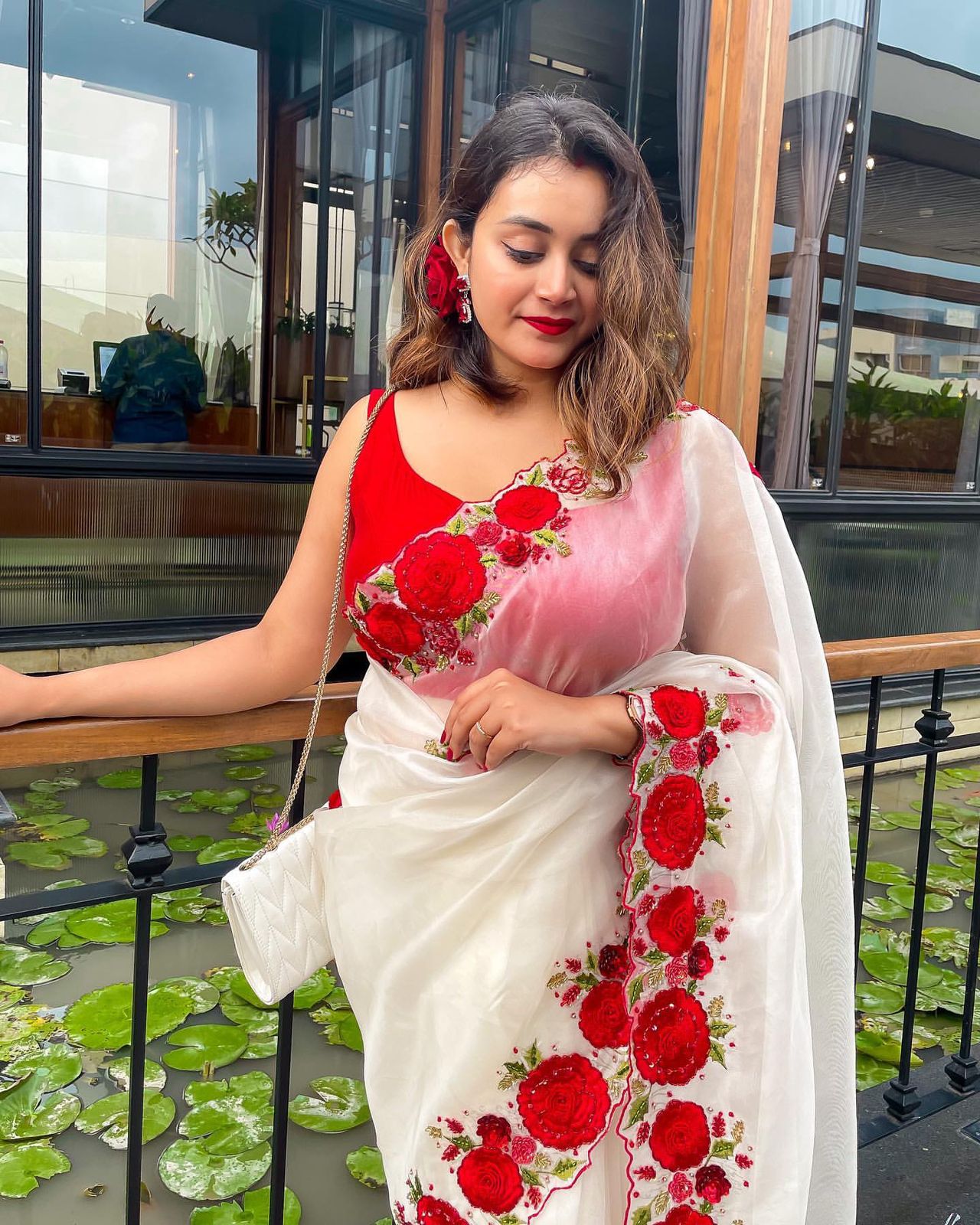 Pure Organza Silk Red Flower Embroidery Sequence Work Saree