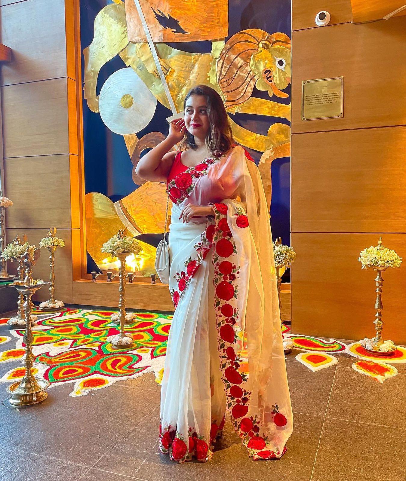 Pure Organza Silk Red Flower Embroidery Sequence Work Saree