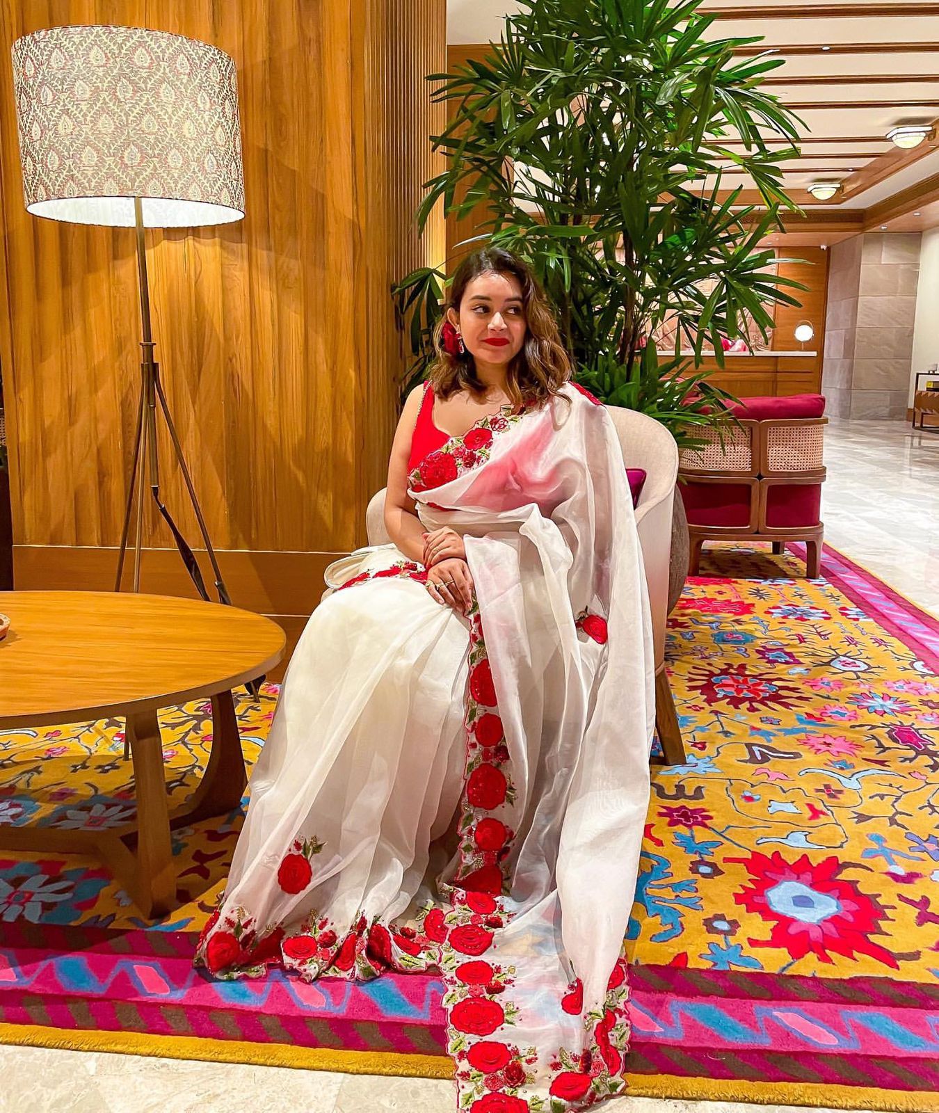 Pure Organza Silk Red Flower Embroidery Sequence Work Saree