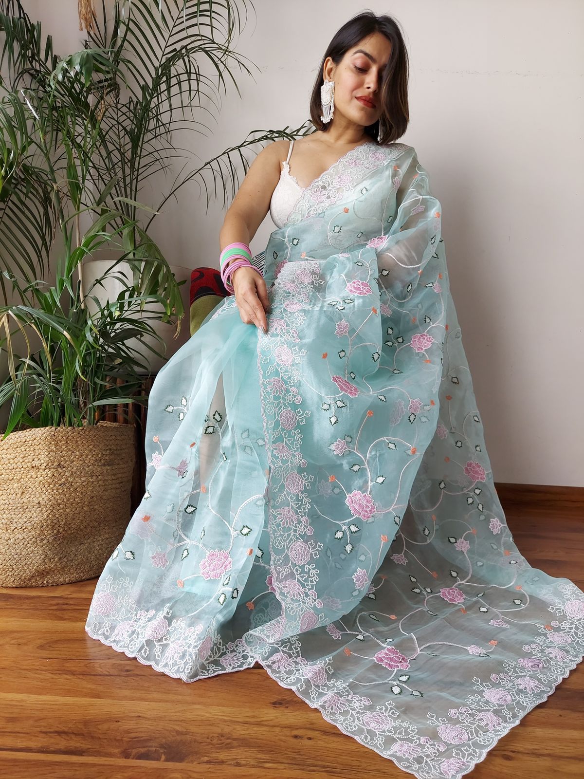 Pure Organza Silk Beautiful Embroidery Work Saree