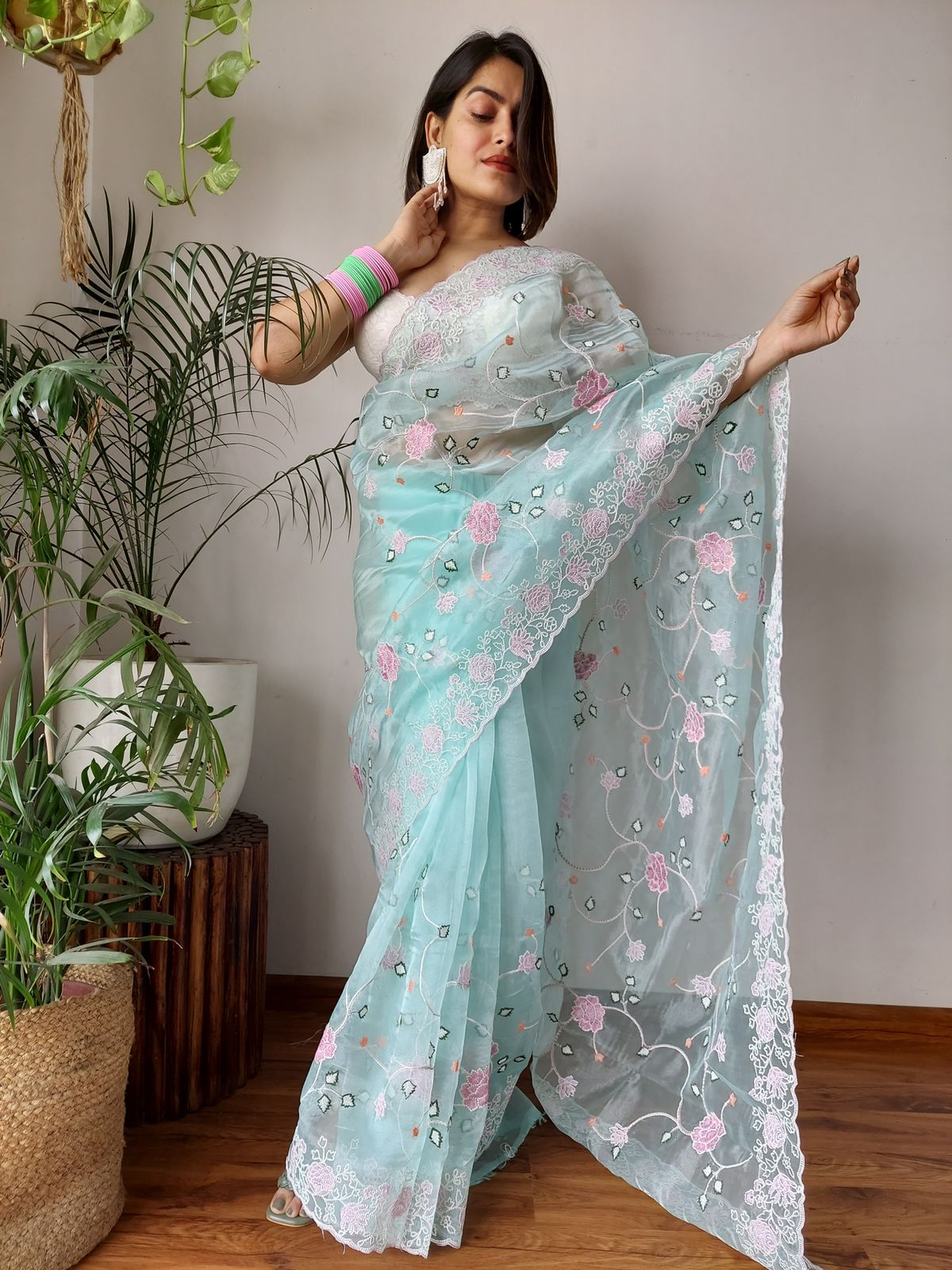 Pure Organza Silk Beautiful Embroidery Work Saree