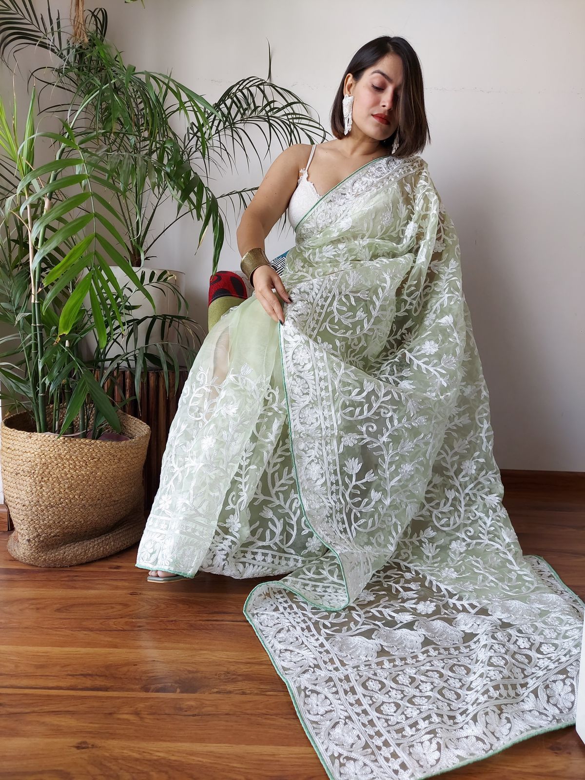 Olive Green Pure Organza Silk Lucknawi Embroidery Work Saree