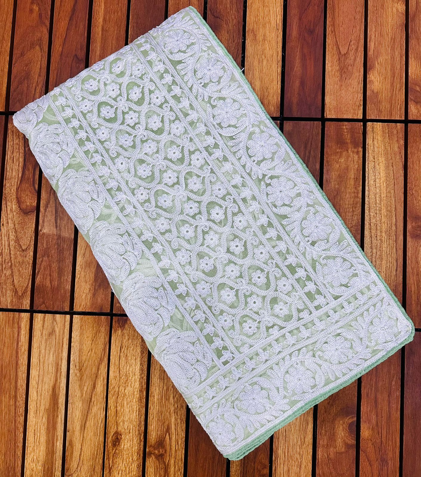 Olive Green Pure Organza Silk Lucknawi Embroidery Work Saree