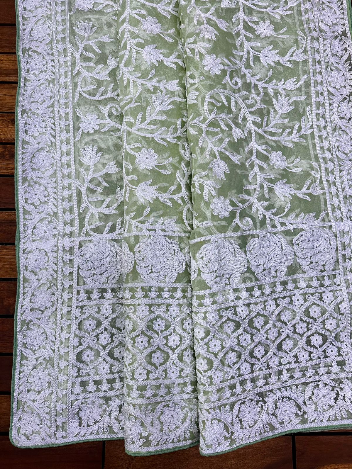 Olive Green Pure Organza Silk Lucknawi Embroidery Work Saree