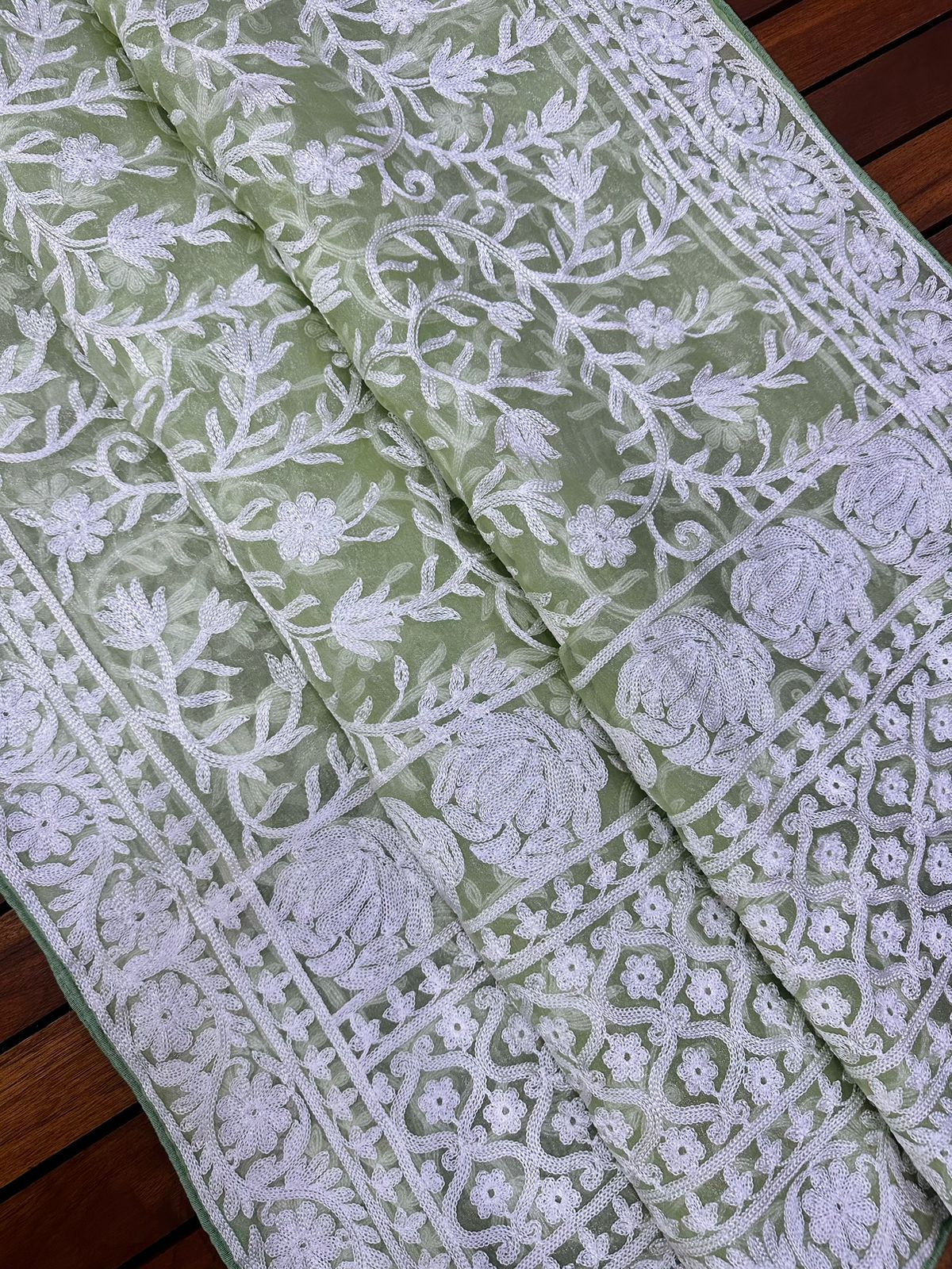 Olive Green Pure Organza Silk Lucknawi Embroidery Work Saree