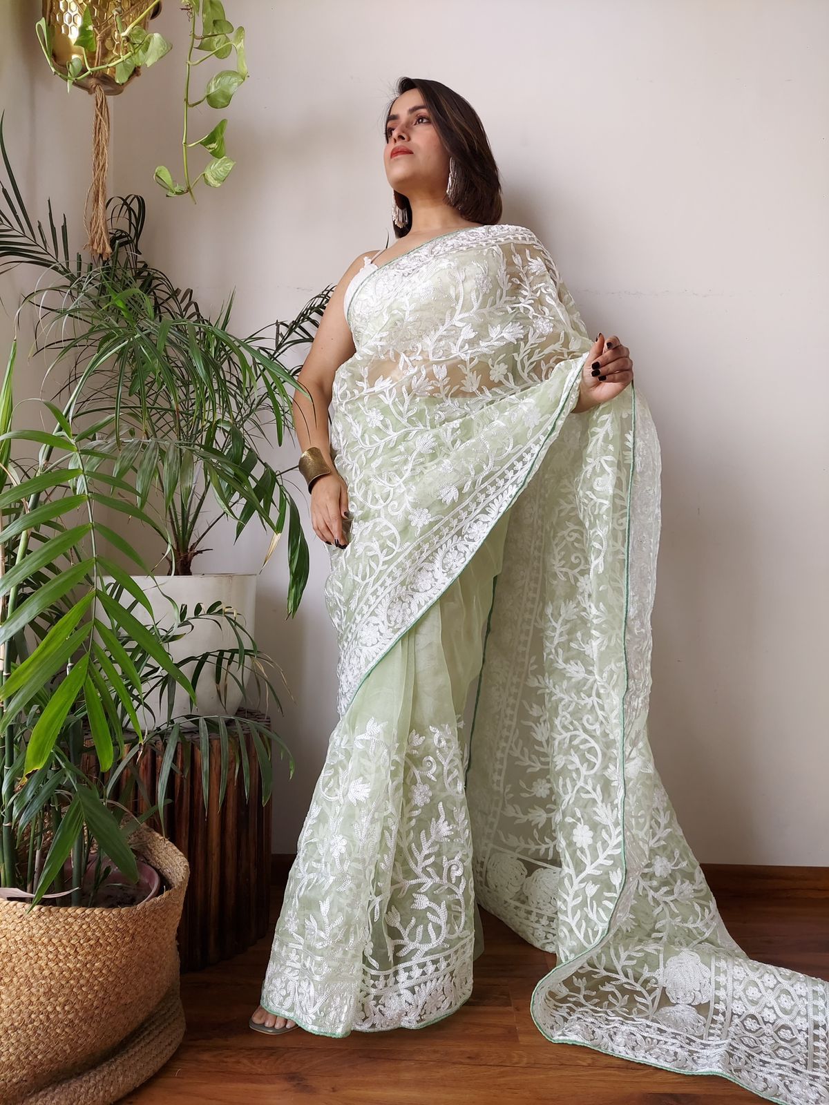 Olive Green Pure Organza Silk Lucknawi Embroidery Work Saree