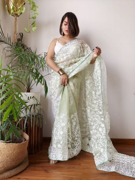 Image of Olive Green Pure Organza Silk  Lucknawi Embroidery Work Saree