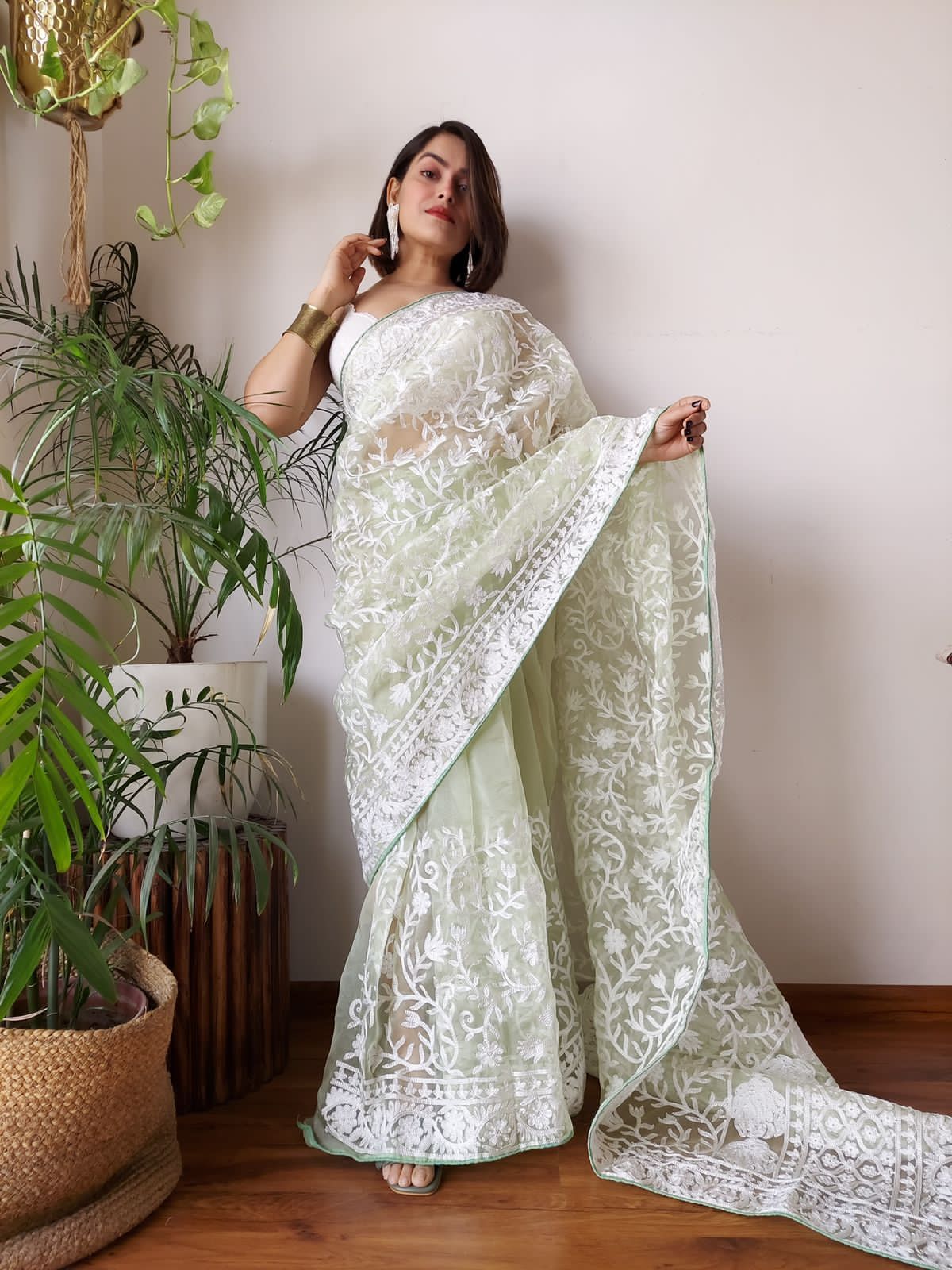 Olive Green Pure Organza Silk Lucknawi Embroidery Work Saree