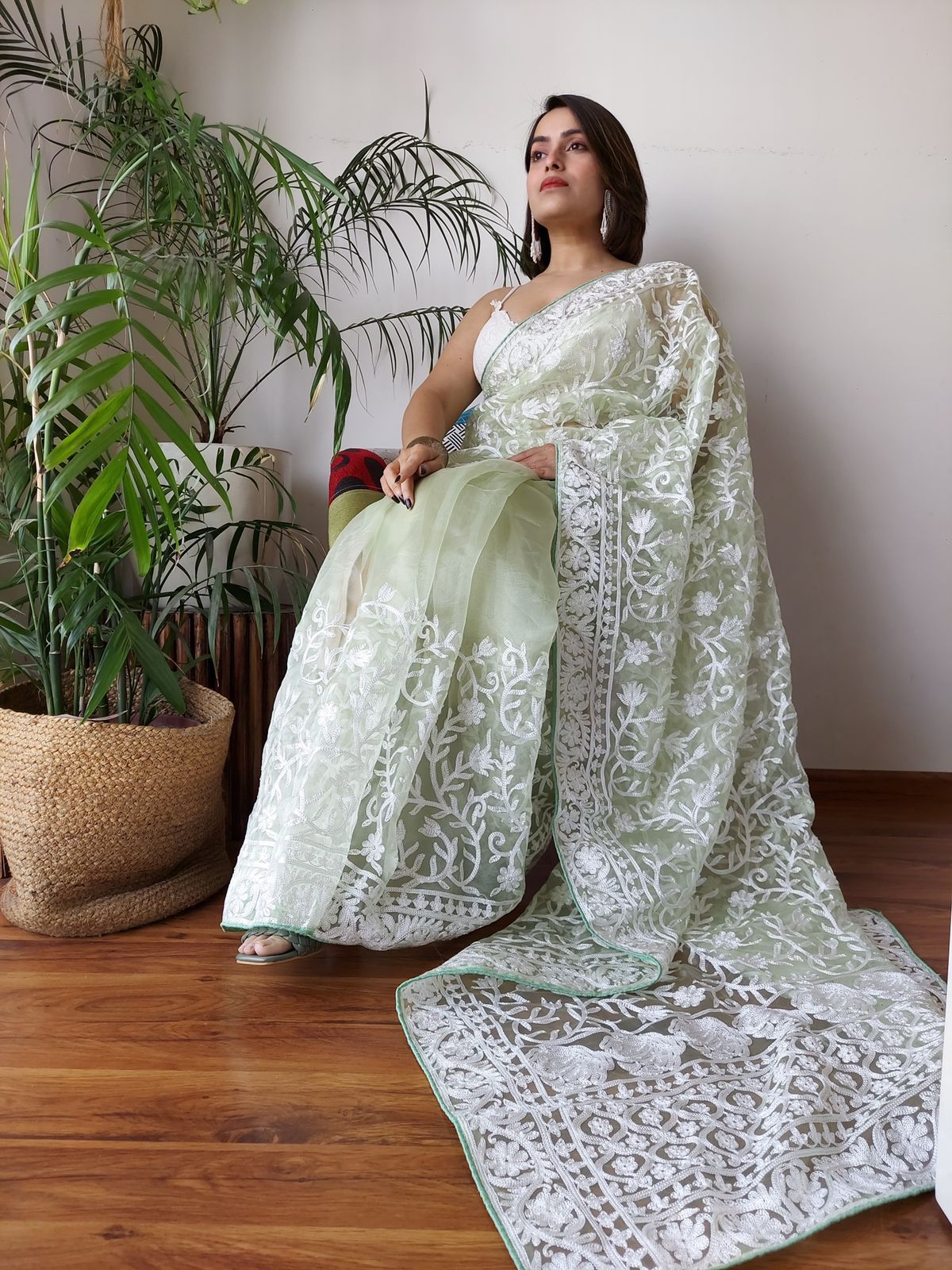 Olive Green Pure Organza Silk Lucknawi Embroidery Work Saree