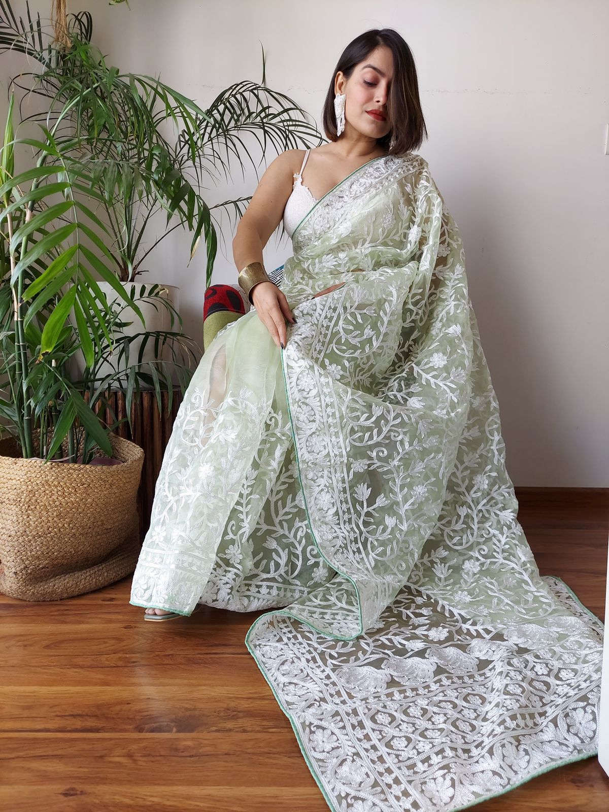 Olive Green Pure Organza Silk Lucknawi Embroidery Work Saree
