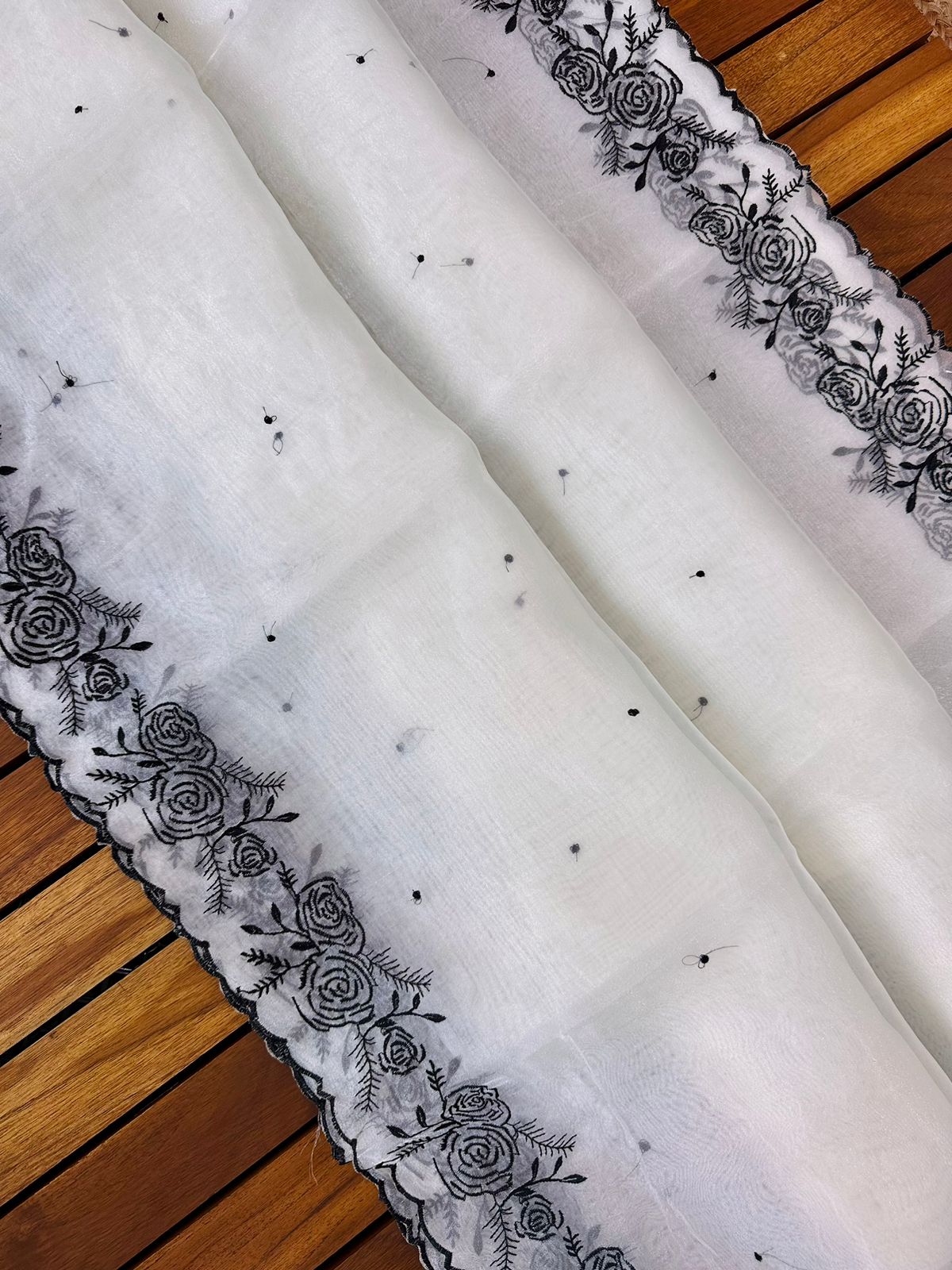 White Pure Organza Silk Embroidery With Hand Sequence Work Saree