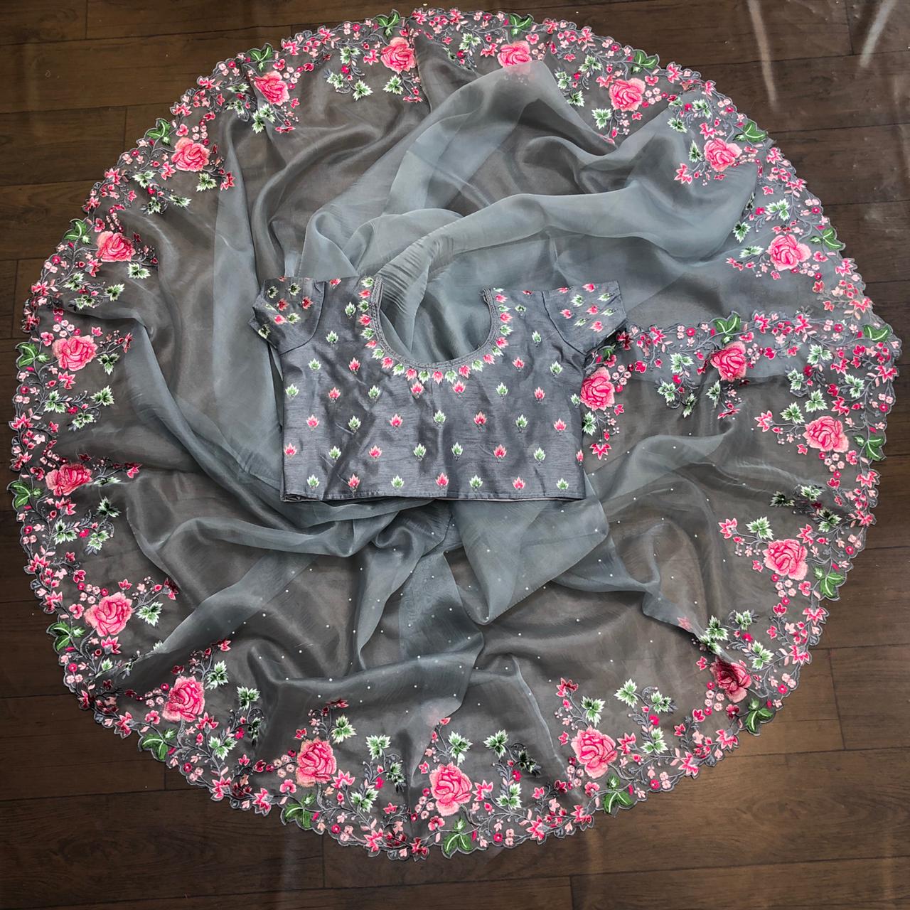 Pure Organza Silk Rich Multi Thread Embroidery Work Saree