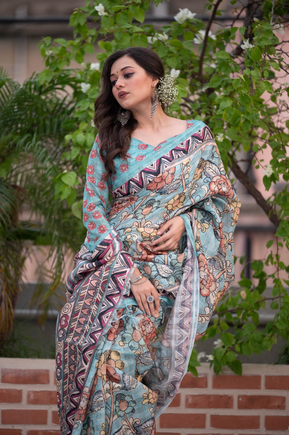 Linen Kalamkari Print Saree With Zari Lining Border And Tassels