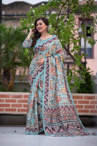 Image of Linen Kalamkari Print Saree With Zari Lining Border And Tassels