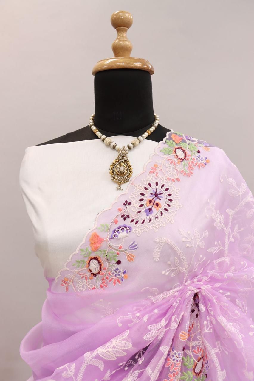 Pure Organza Silk Lucknawi Embroidery Work Saree