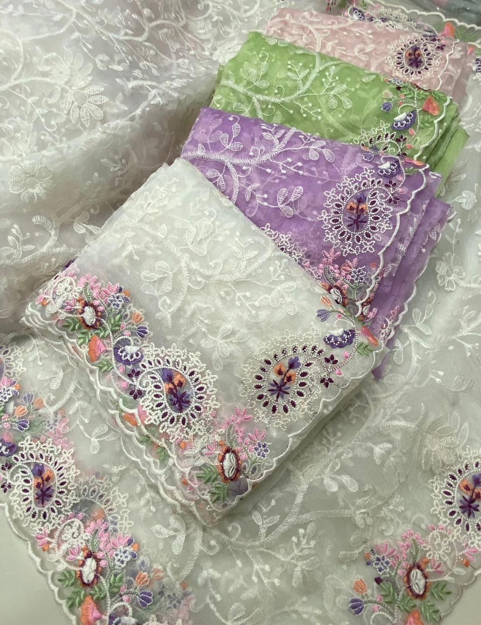 Pure Organza Silk Lucknawi Embroidery Work Saree