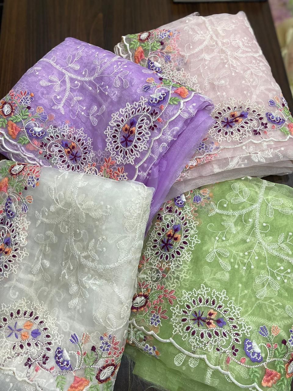 Pure Organza Silk Lucknawi Embroidery Work Saree